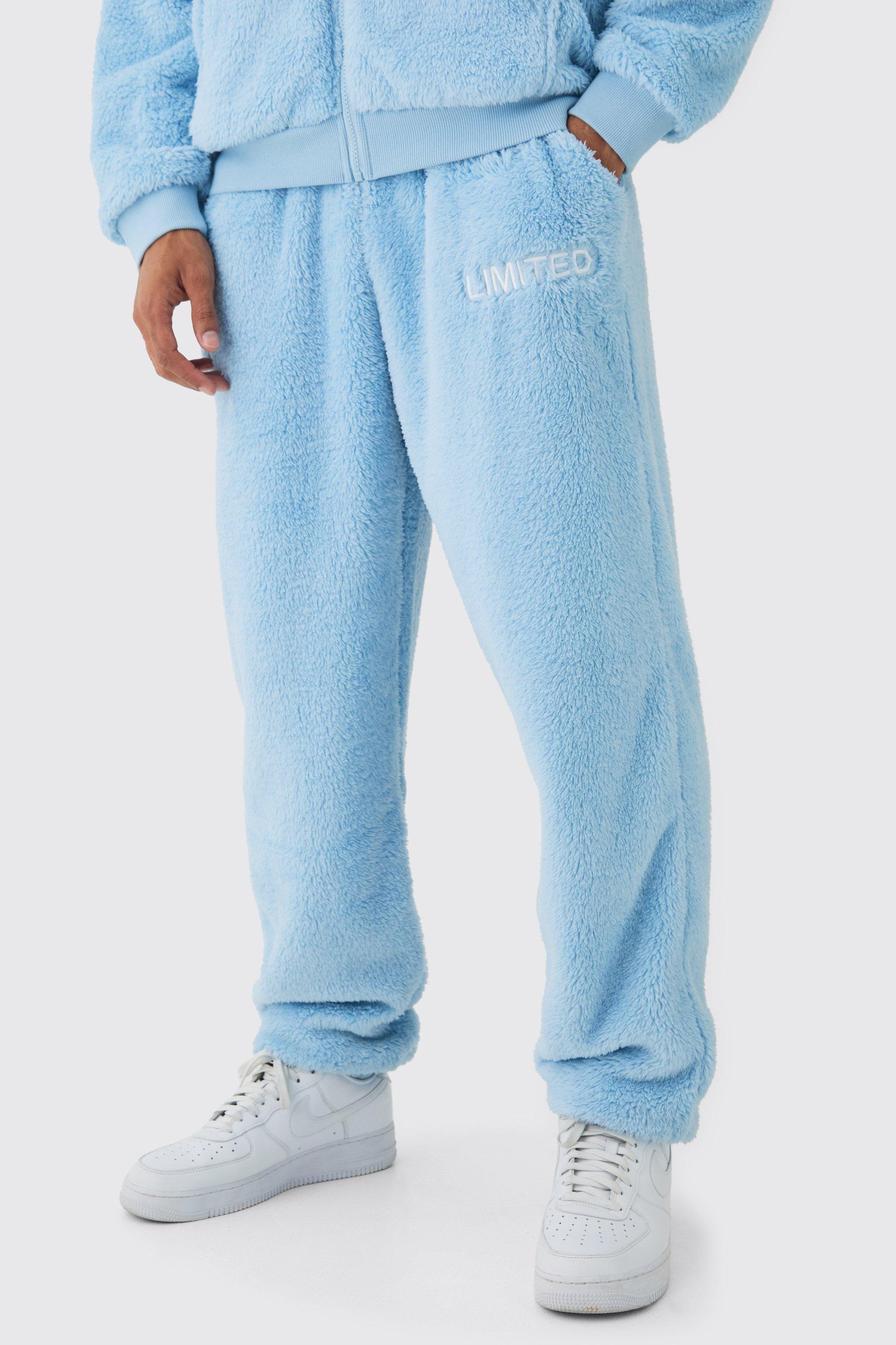 Mens Blue Oversized Limited Edition Embroidered Teddy Borg Cuffed Joggers, Blue